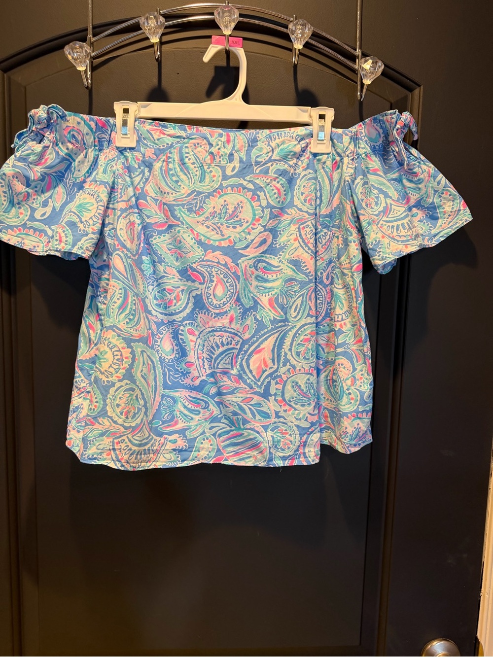 Lilly Pulitzer Blue Paisley Off-Shoulder Top with Pink and Mint